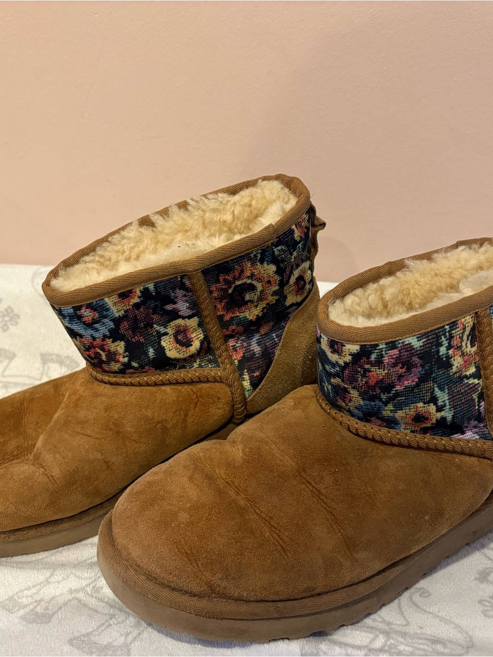 Cozy UGG Brown Suede Ankle Boots with Floral Cuff